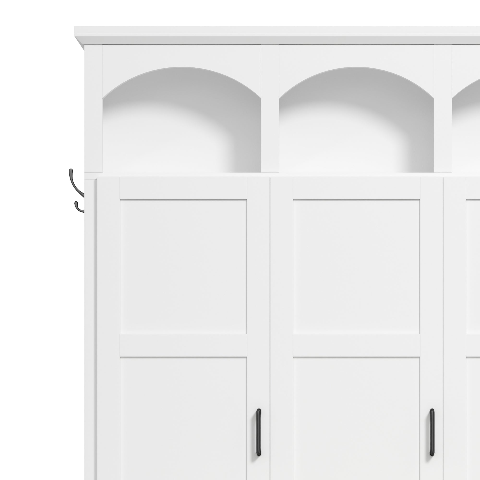 Classic Arched Design Hall Tree with 3 Hidden Storage, Farmhouse Mudroom with Walnut Bench, Mid-Century All-in-One Entryway Organizer with 5 Hooks for Hallway, White - Grand Goldman Shop