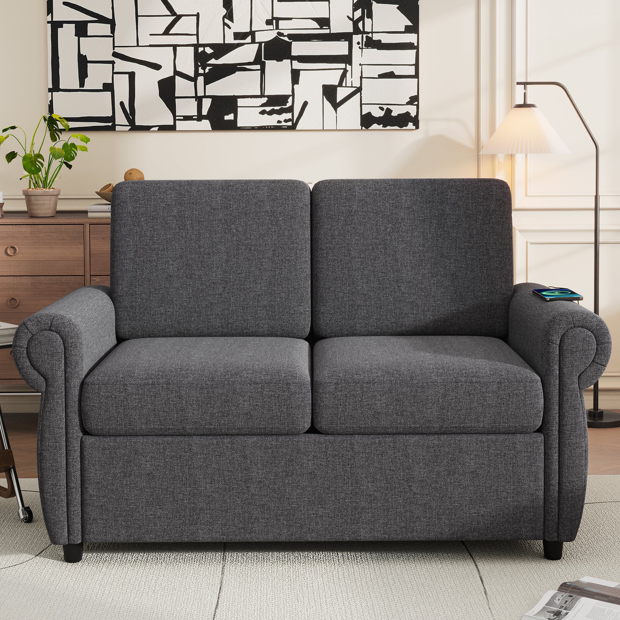 Orisfur Pull Out Sofa Bed Loveseat Sleeper with Twin Size Memory Mattress and USB Ports, Grey Linen, 57.9' - Grand Goldman Shop