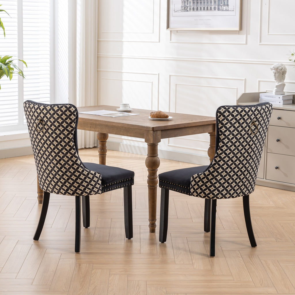 Classic Velvet Dining Chairs,  High-end Tufted Solid Wood Contemporary Velvet Upholstered Dining Chair with Wood Legs Nailhead, SET OF 2,Black and Patterned,SW2201BK - Grand Goldman Shop