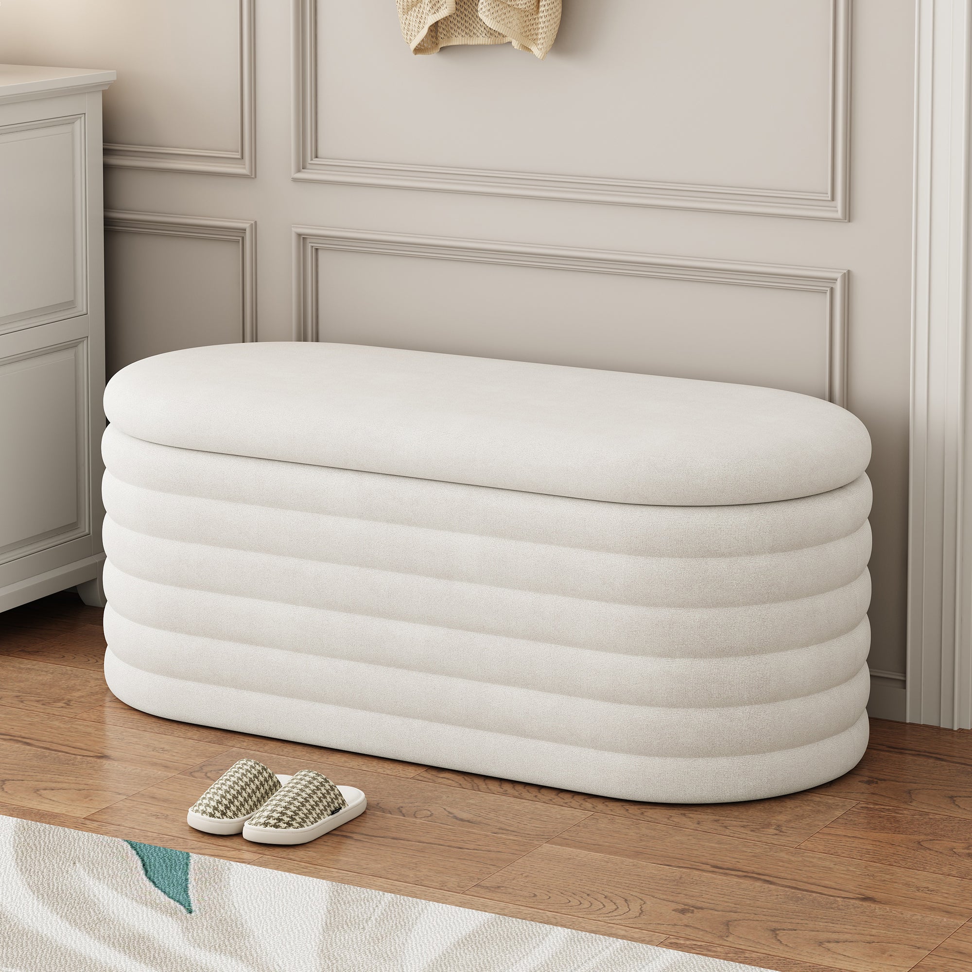 Storage Chenille Ottoman Bench Upholstered Fabric Storage Bench End of Bed Stool with Safety Hinge for Bedroom, Living Room, Entryway, Closet(40-inch, White) - Grand Goldman Shop