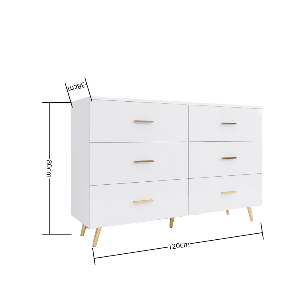 High Glossy Surface 6 Drawers Chest of Drawer with Golden Handle and Golden Steel Legs White Color Vanity - Grand Goldman Shop