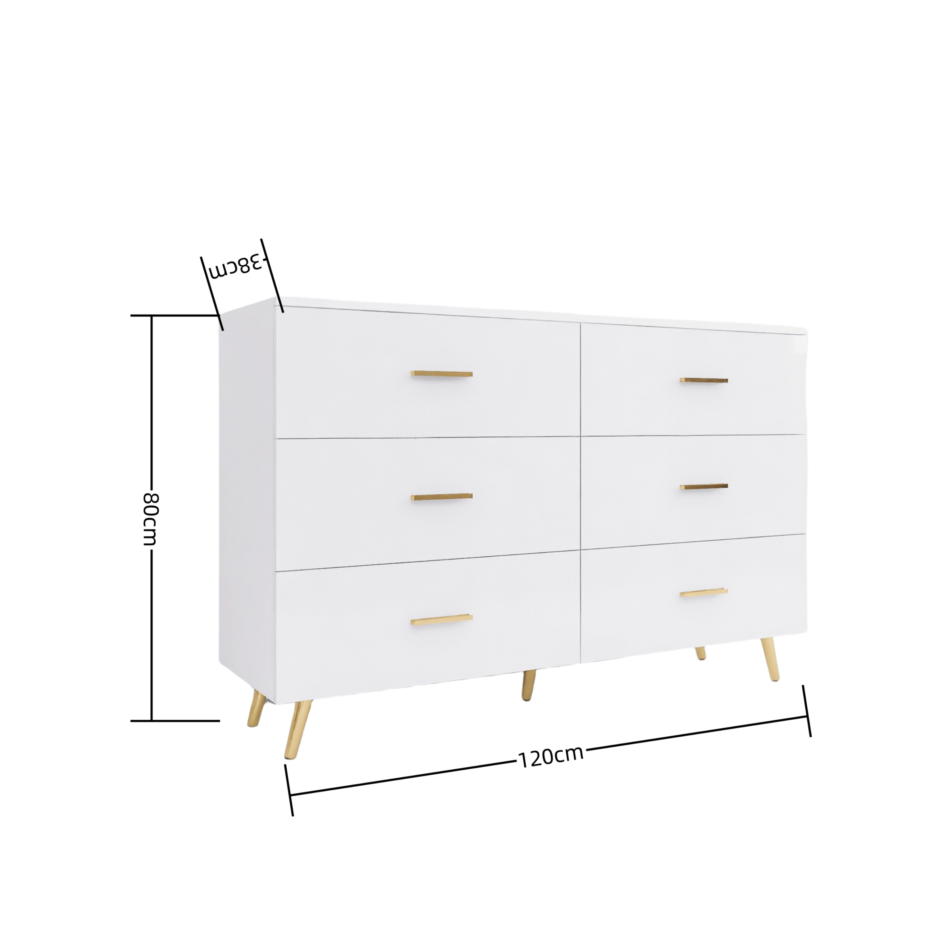 High Glossy Surface 6 Drawers Chest of Drawer with Golden Handle and Golden Steel Legs White Color Vanity - Grand Goldman Shop