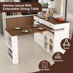 Kitchen Island with Extendable & Rotating Table, MDF with Walnut Veneer Retro Design, 4 Drawers & Glass Door Cabinets with Built-in Socket, Expandable Dining Station for 2-4 Person - Grand Goldman Shop