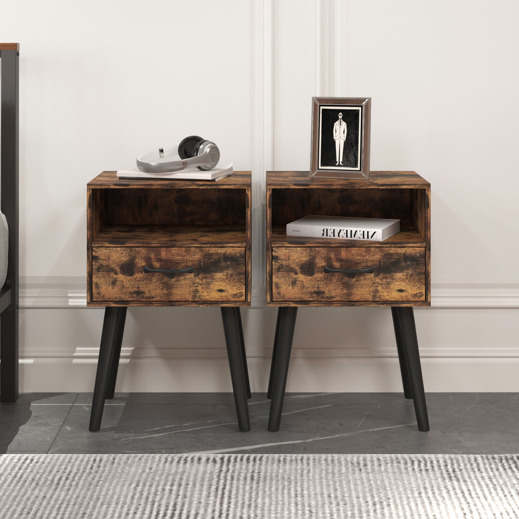 Two Sets of Nightstand,Modern Bedside Table with Storage Drawer and Open Wood Shelf, for Living Room, Bedroom and Small Spaces, Accent Night Stand, Easy Assembly - Grand Goldman Shop