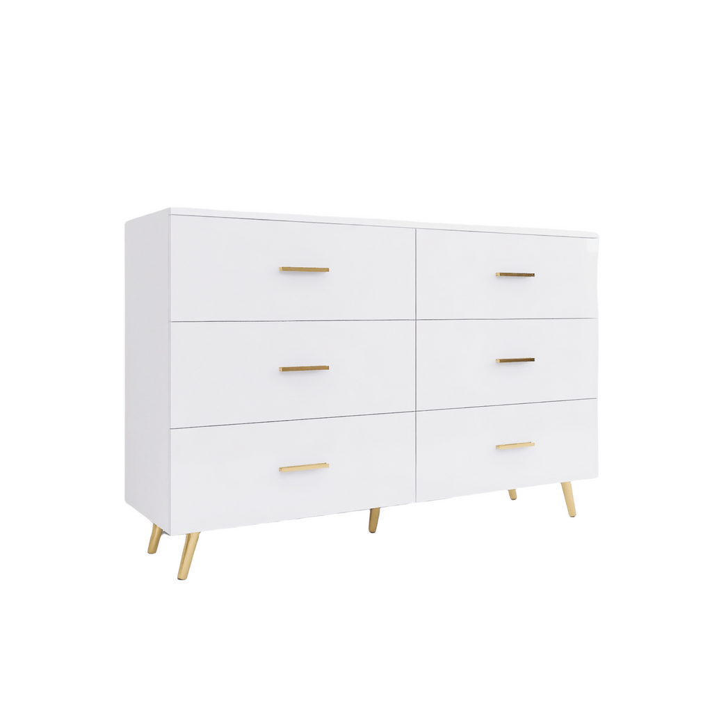 High Glossy Surface 6 Drawers Chest of Drawer with Golden Handle and Golden Steel Legs White Color Vanity - Grand Goldman Shop
