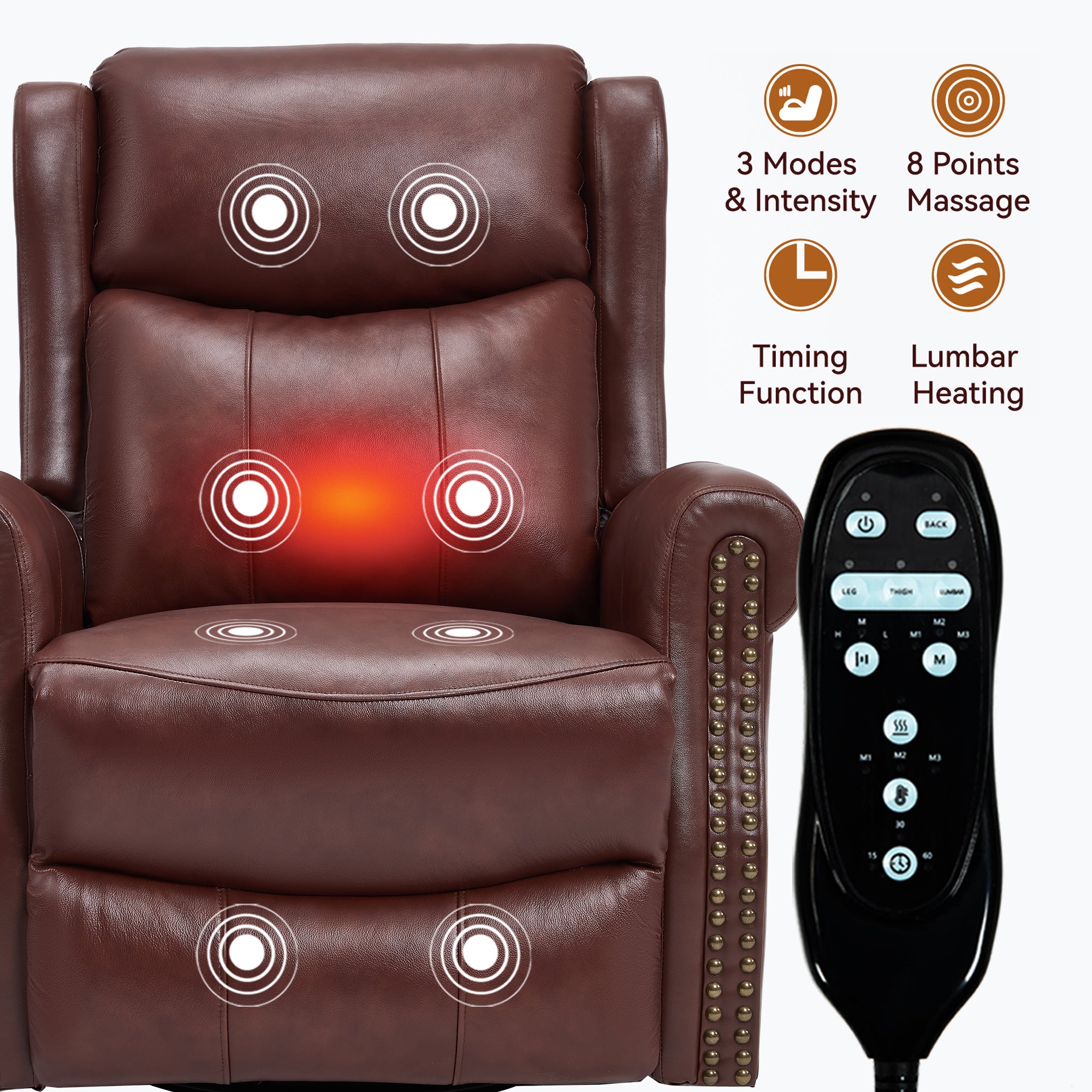 Heat Massage Manual Recliner Chair with Rocker and Swivel in Genuine leather for Living Room, Red - Grand Goldman Shop