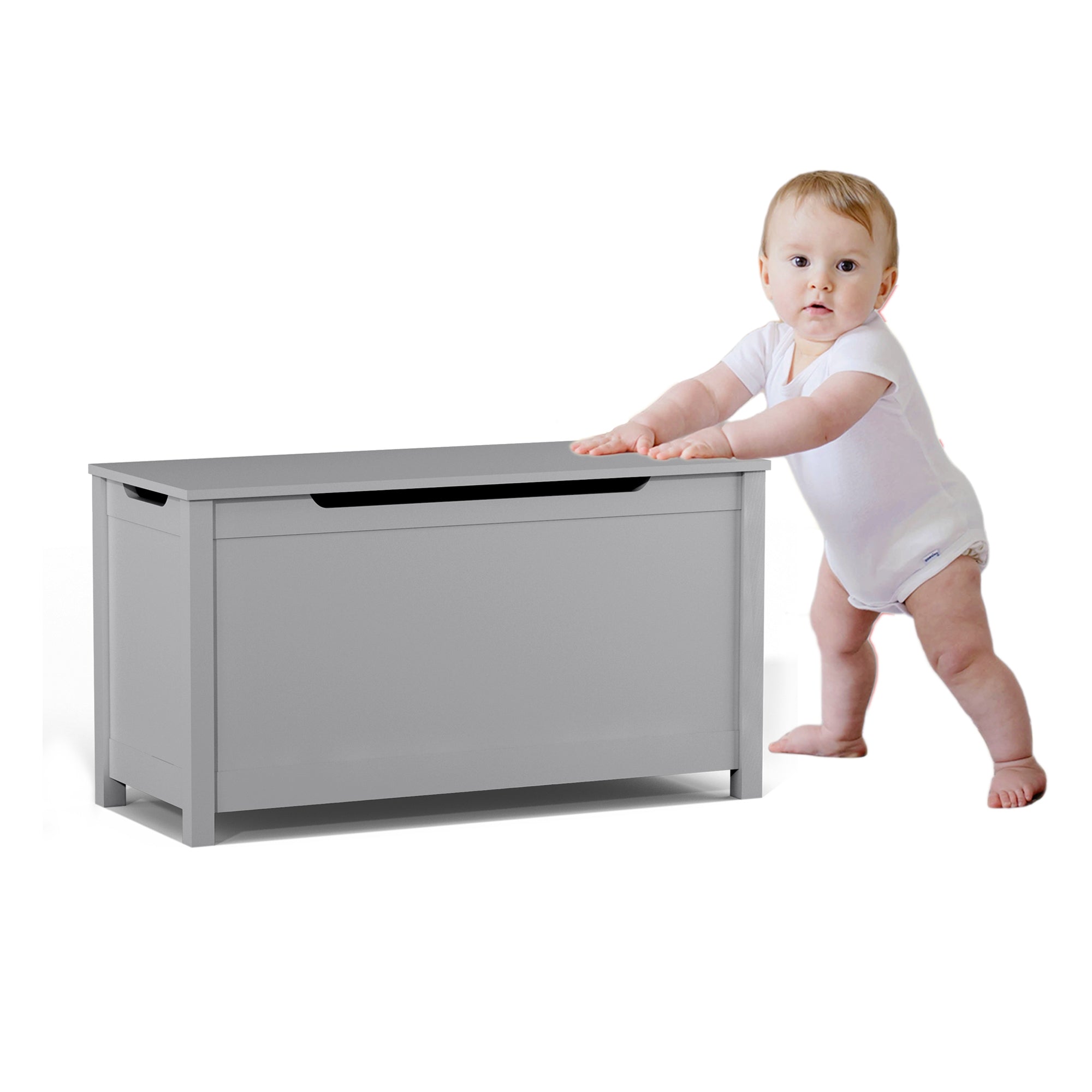 Kids Wooden Toy Box Storage with Safety Hinged Lid for Ages 2+ (Gray) - Grand Goldman