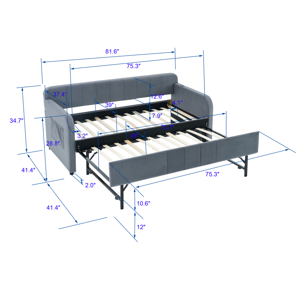 Twin Upholstered Daybed Frame with Trundle, Twin Size Sofa Bed for Bedroom Living Room Guest Room, Wood Slat Support,Grey - Grand Goldman Shop
