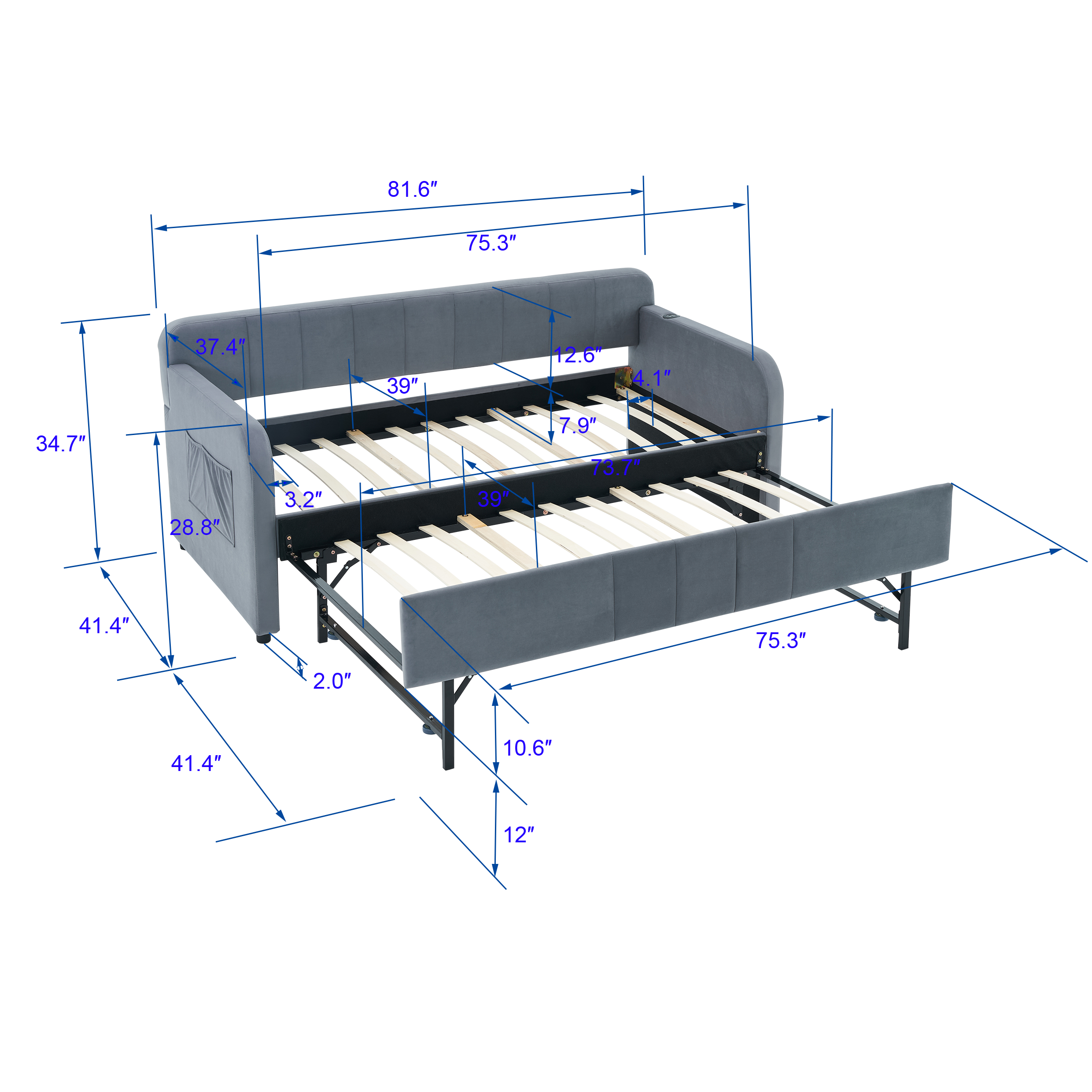 Twin Upholstered Daybed Frame with Trundle, Twin Size Sofa Bed for Bedroom Living Room Guest Room, Wood Slat Support,Grey - Grand Goldman Shop