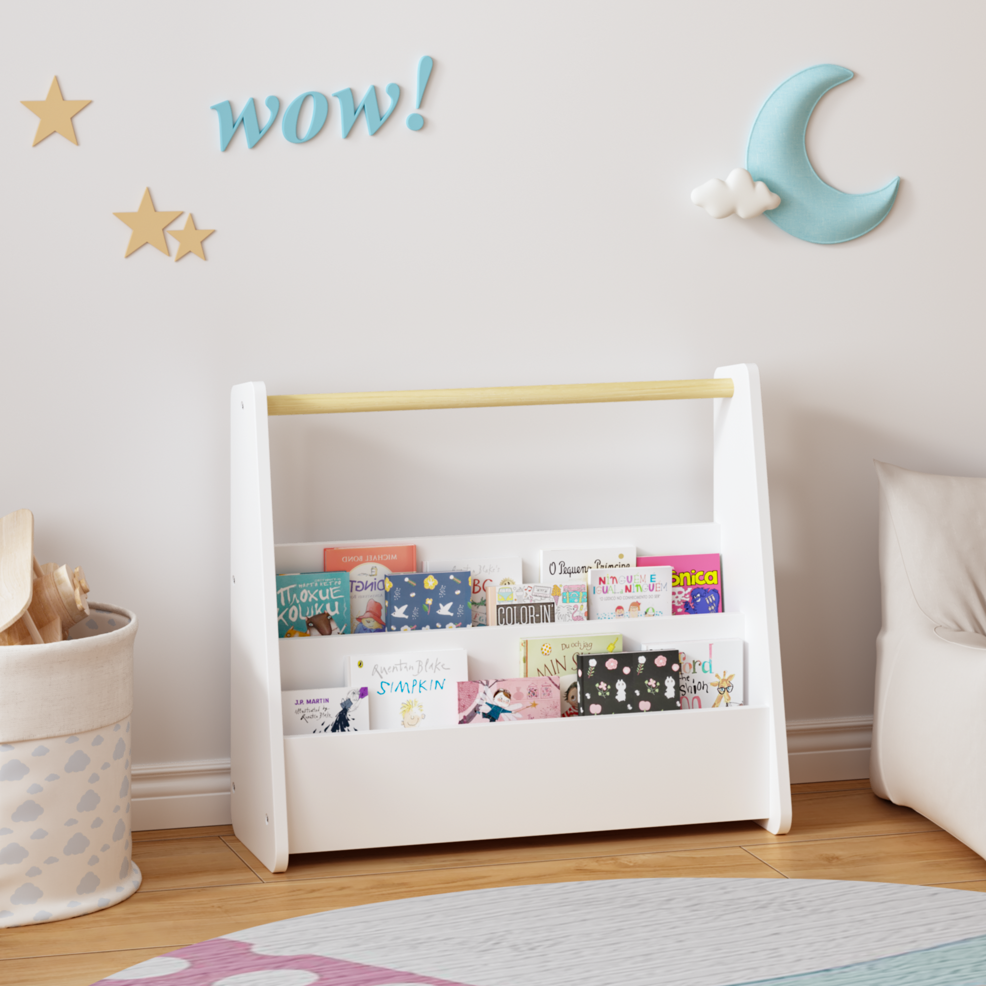 Kids Bookshelf with Wooden Handle, 2-Tier Front-Facing Toddler Bookcase, Portable Children's Book Storage Organizer for Bedro