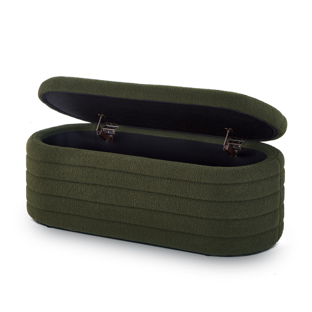 Modern Oval Storage Ottoman Bench, Upholstered Boucle Teddy Fabric End of Bed Bench with Storage, End of Bed Stool with Safety Hinge for Bedroom, Living Room, Entryway, Dark Green - Grand Goldman Shop