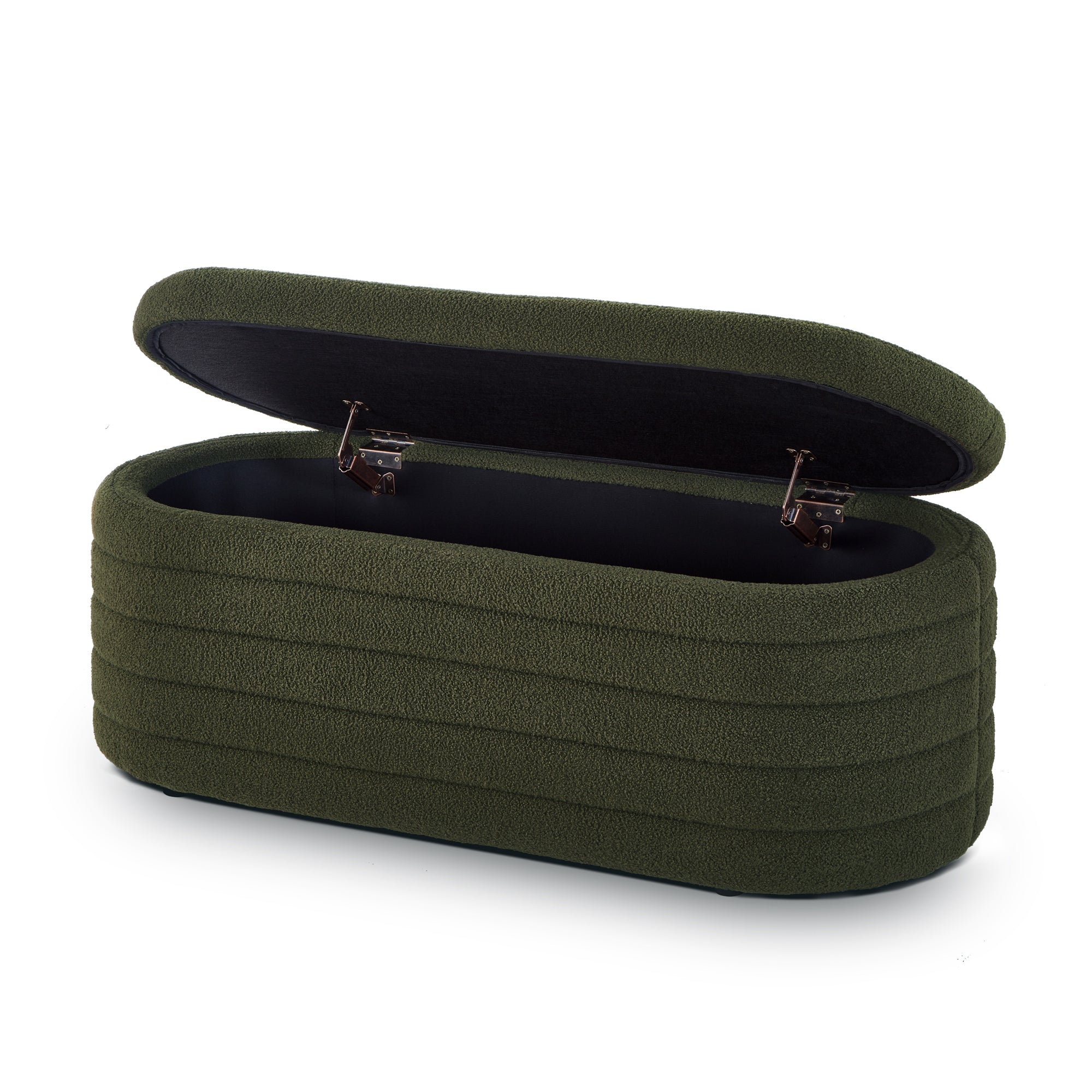 Modern Oval Storage Ottoman Bench, Upholstered Boucle Teddy Fabric End of Bed Bench with Storage, End of Bed Stool with Safety Hinge for Bedroom, Living Room, Entryway, Dark Green - Grand Goldman Shop