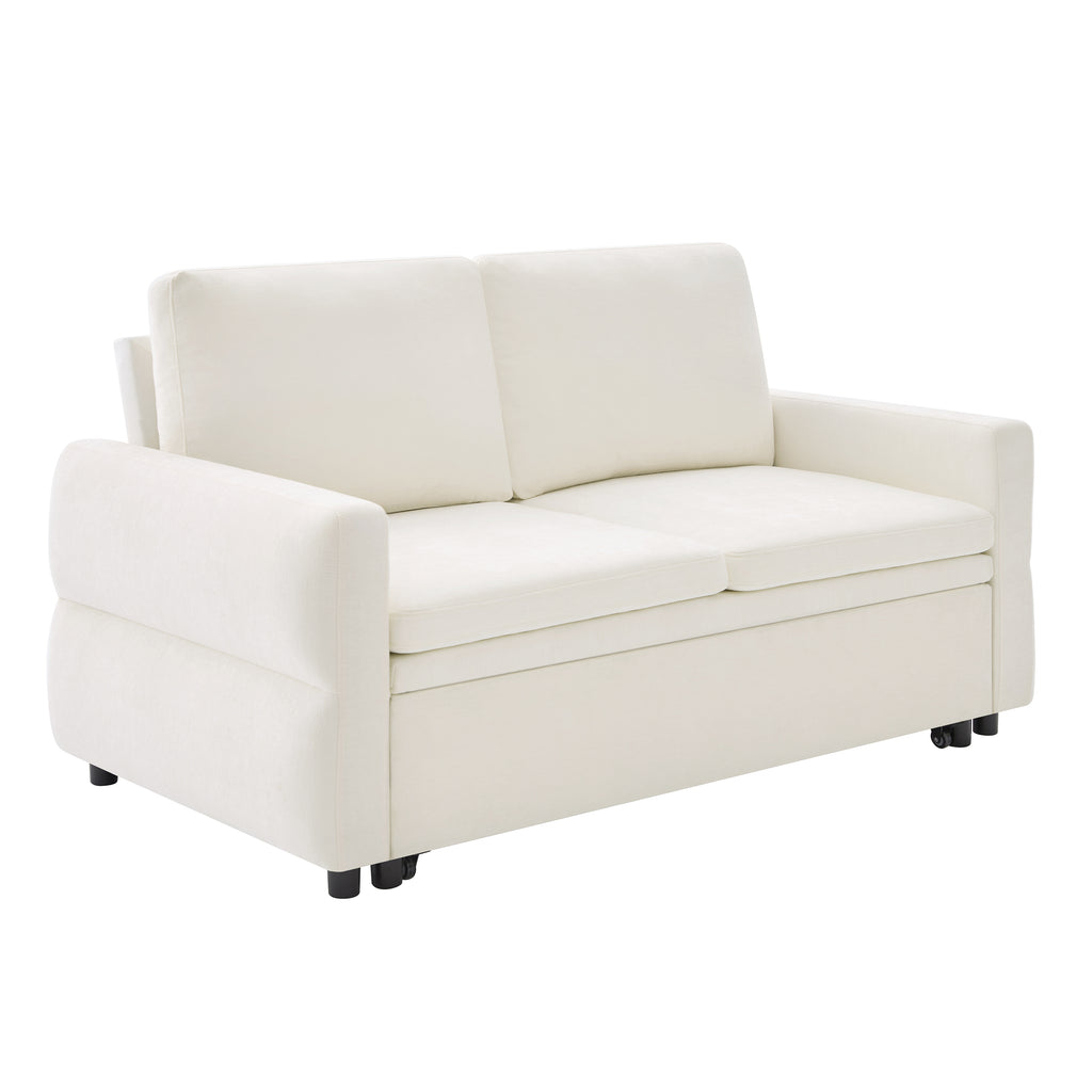 Convertible Sofa Bed 62.75' Loveseat with Adjustable Backrest and USB Ports in Beige Chenille Fabric - Grand Goldman Shop