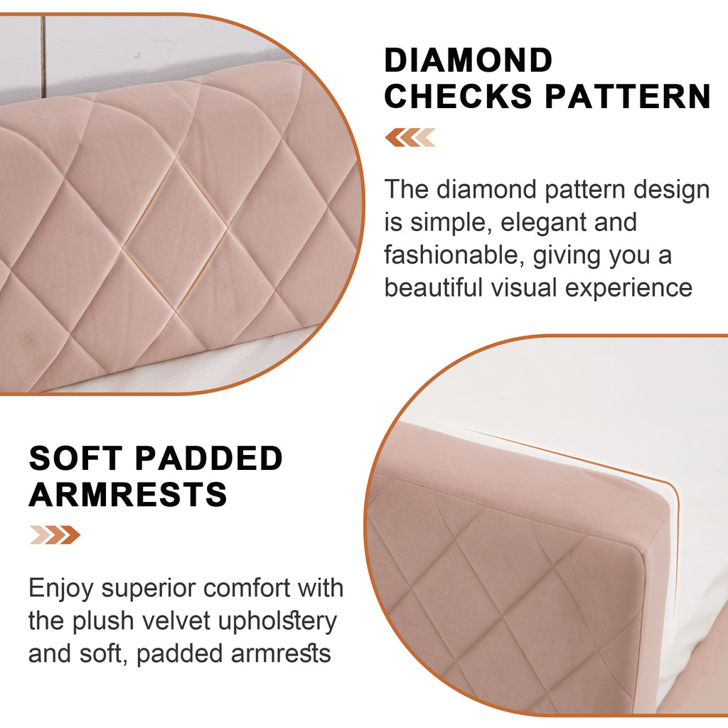 Pink velvet daybed, sturdy wooden bed frame, modern diamond grid pull-out design, perfect for bedroom, living room furniture - Grand Goldman Shop