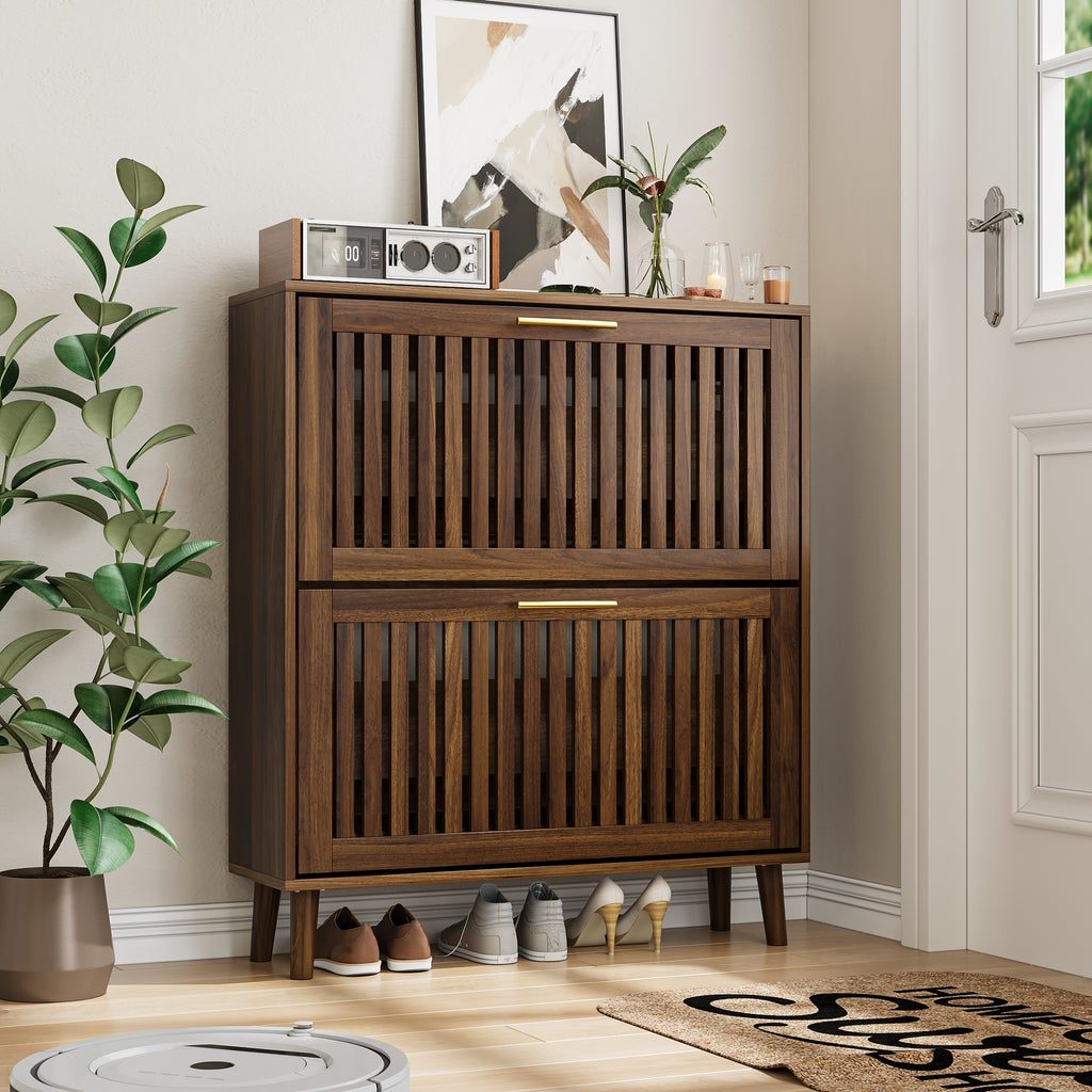 Medieval Modern Walnut Shoe Storage Cabinet With 2 Flip Drawers And Fence Design, 31.5-Inch, Particle Board + MDF - Grand Goldman Shop