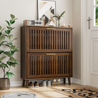 Medieval Modern Walnut Shoe Storage Cabinet With 2 Flip Drawers And Fence Design, 31.5-Inch, Particle Board + MDF - Grand Goldman Shop
