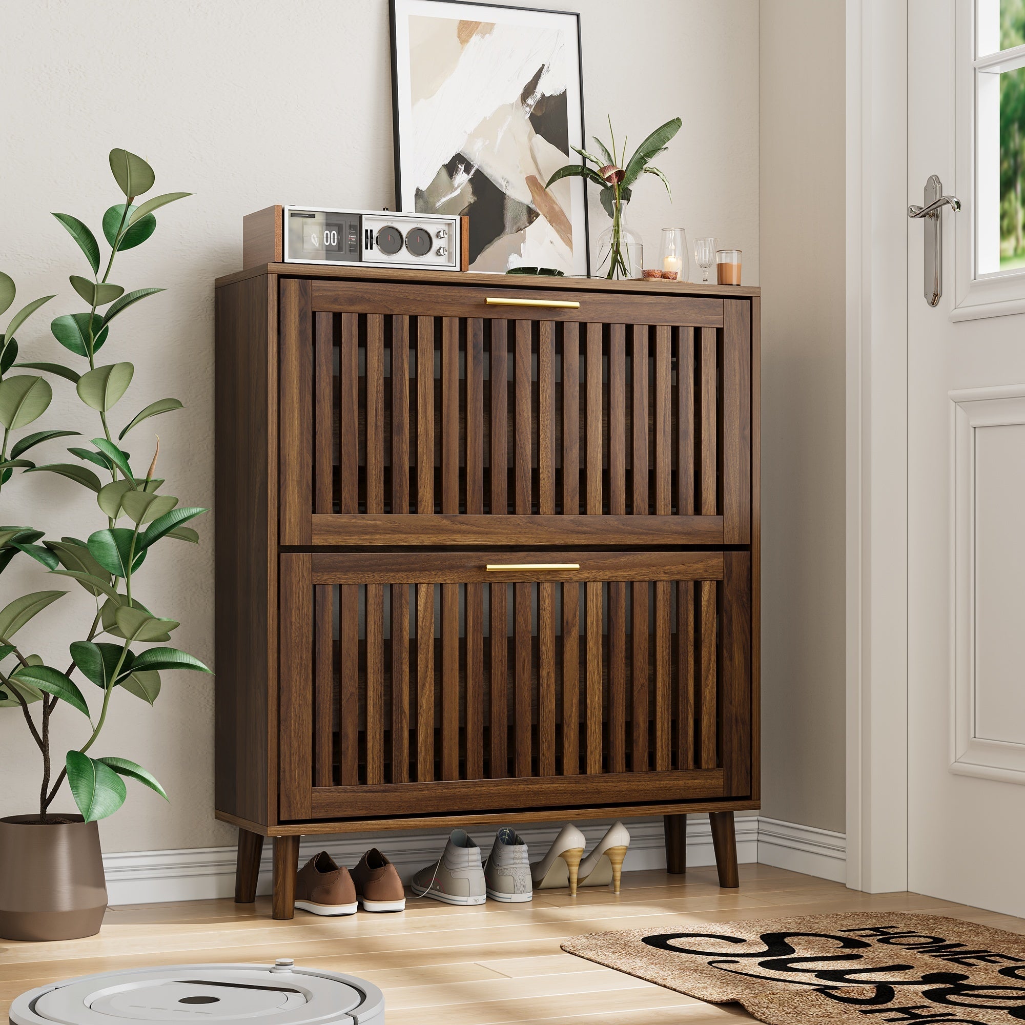Medieval Modern Walnut Shoe Storage Cabinet With 2 Flip Drawers And Fence Design, 31.5-Inch, Particle Board + MDF - Grand Goldman Shop