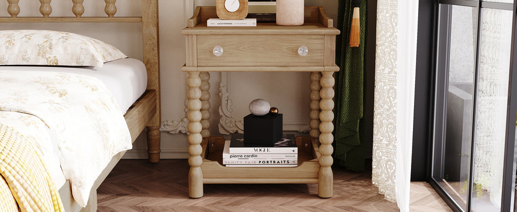 Retro Style Nightstand with Drawer and Open Shelf for Bedroom, Bedside Table with Turned Legs and Metal Handle,Natural - Grand Goldman Shop