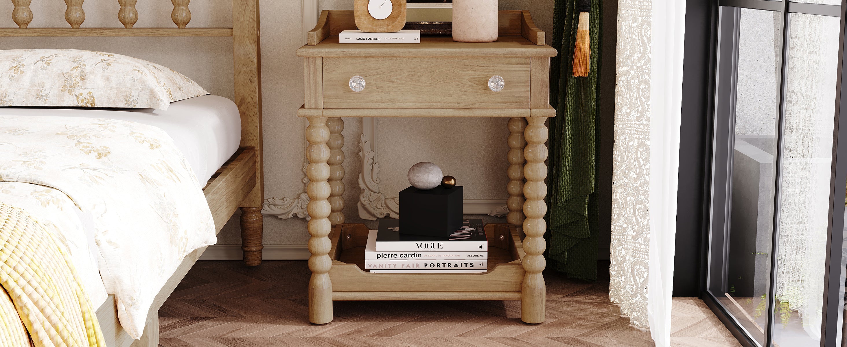 Retro Style Nightstand with Drawer and Open Shelf for Bedroom, Bedside Table with Turned Legs and Metal Handle,Natural - Grand Goldman Shop