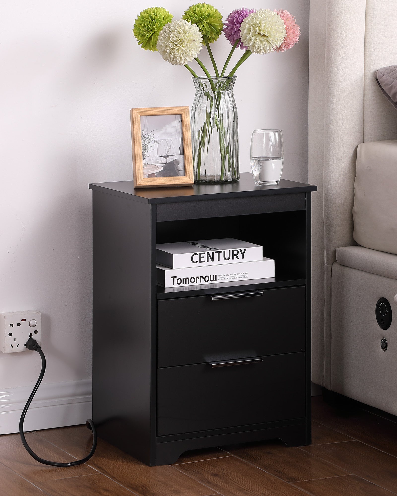 Nightstand with Charging Station,End Table with 2 Drawers,Wooden End Table with Drawer and Opening Shelf,Side Table for Bedroom, Black - Grand Goldman Shop