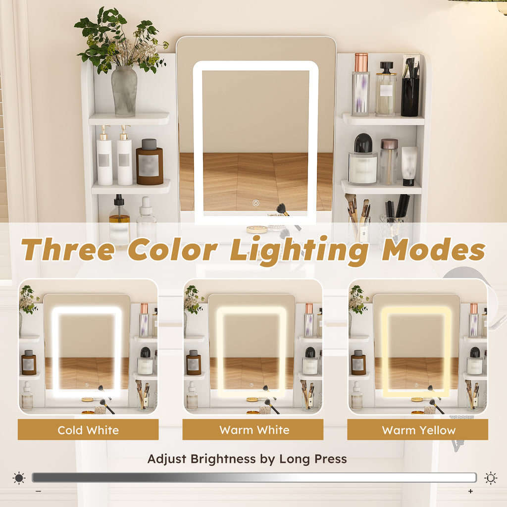 Elegant LED Mirror Vanity Dressing Table with Adjustable Lights, Drawers & Storage, White MDF, 27.56 x 15.75 Inches - Grand Goldman Shop