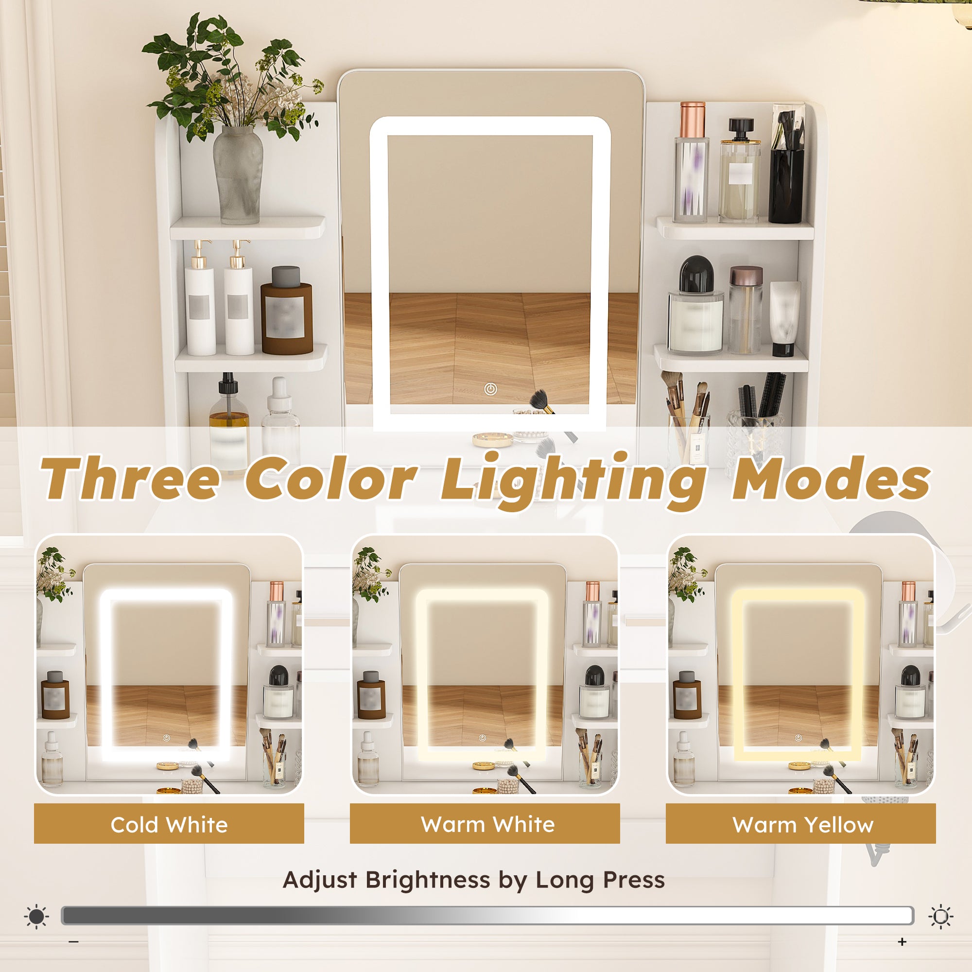Elegant LED Mirror Vanity Dressing Table with Adjustable Lights, Drawers & Storage, White MDF, 27.56 x 15.75 Inches - Grand Goldman Shop