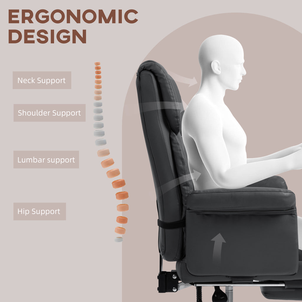 HOMCOM Executive Office Chair, PU Leather Ergonomic Office Desk Chair, Reclining and Swivel Chair with Footrest and Lumbar Su
