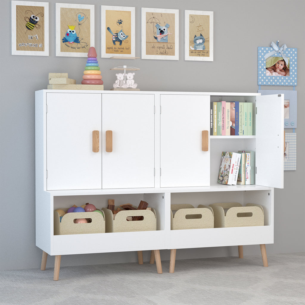Kids Toy Storage Cabinet with Doors and Open Shelf, White Modern Wooden Organizer with Natural Wood Legs, Toddler Bookshelf f