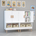 Kids Toy Storage Cabinet with Doors and Open Shelf, White Modern Wooden Organizer with Natural Wood Legs, Toddler Bookshelf f