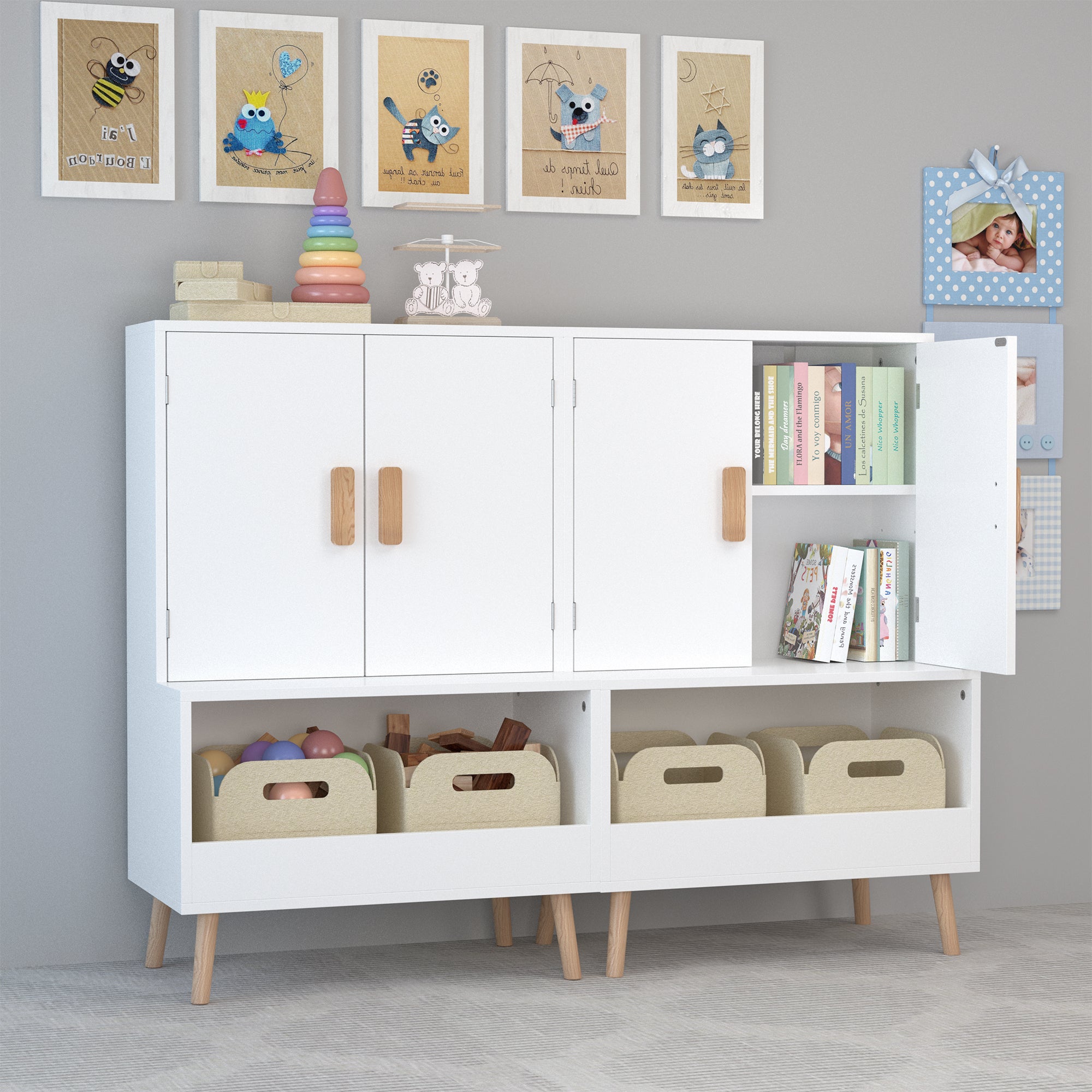 Kids Toy Storage Cabinet with Doors and Open Shelf, White Modern Wooden Organizer with Natural Wood Legs, Toddler Bookshelf f
