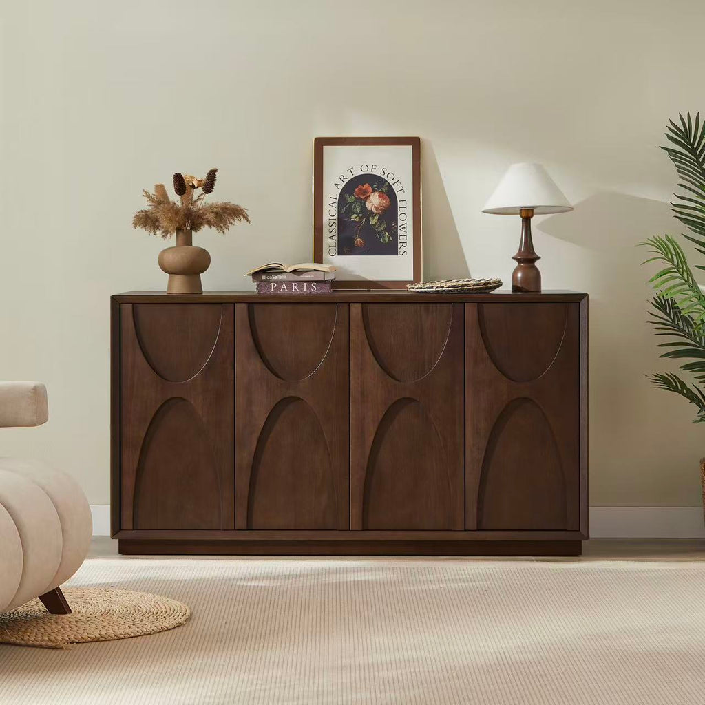 4 Door Accent Cabinet with Solid Wood Carved Doors, Adjustable Shelves, Push to Open Storage Cabinet with Cable Management, Ash Veneer Sideboard for Living Room, - Grand Goldman Shop