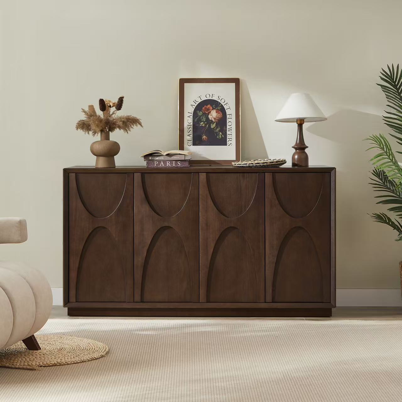 4 Door Accent Cabinet with Solid Wood Carved Doors, Adjustable Shelves, Push to Open Storage Cabinet with Cable Management, Ash Veneer Sideboard for Living Room, - Grand Goldman Shop