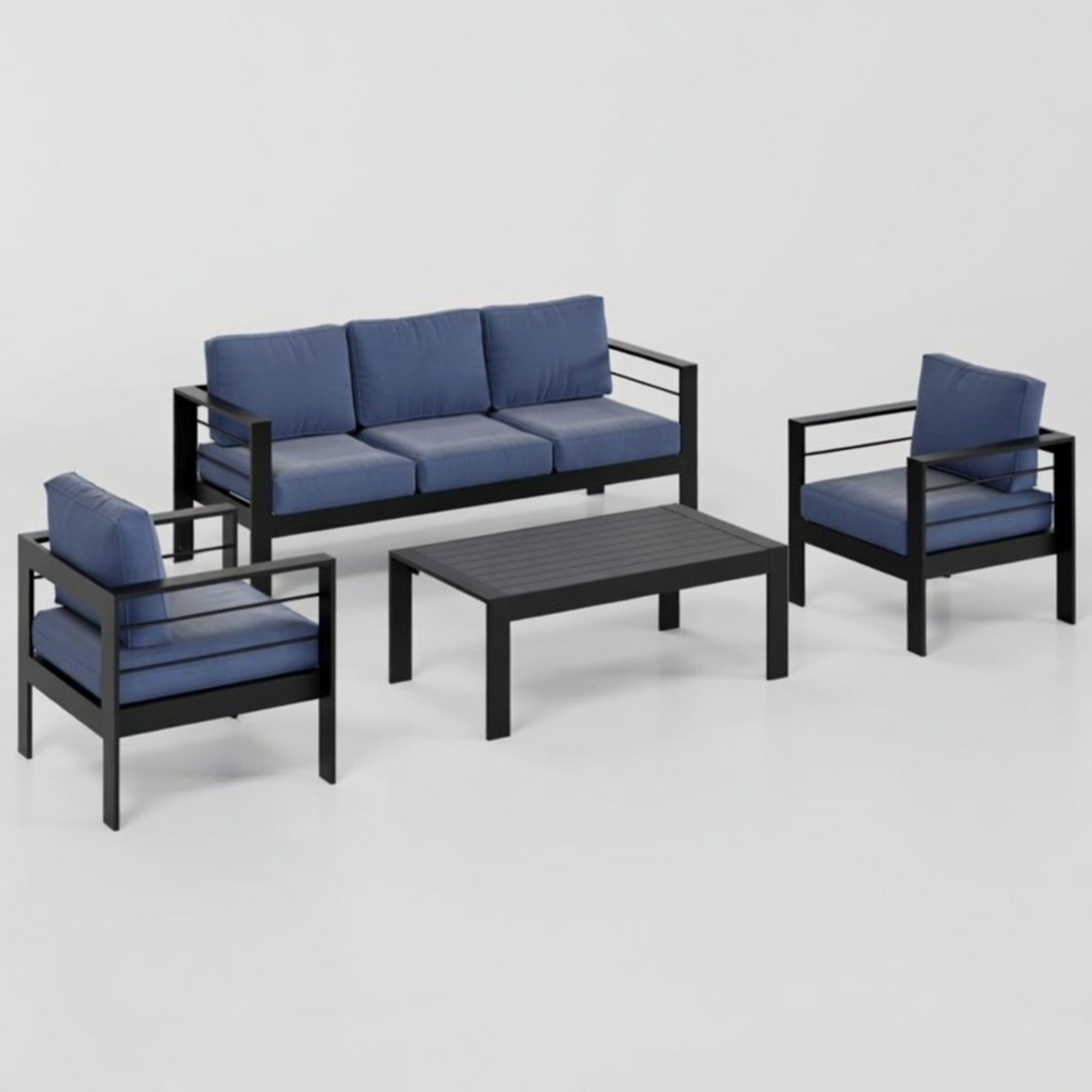 Moderne 4-teilige Aluminium-Terrassengarnitur mit blauen Kissen, schwarzem Gestell und Couchtisch in Holzoptik