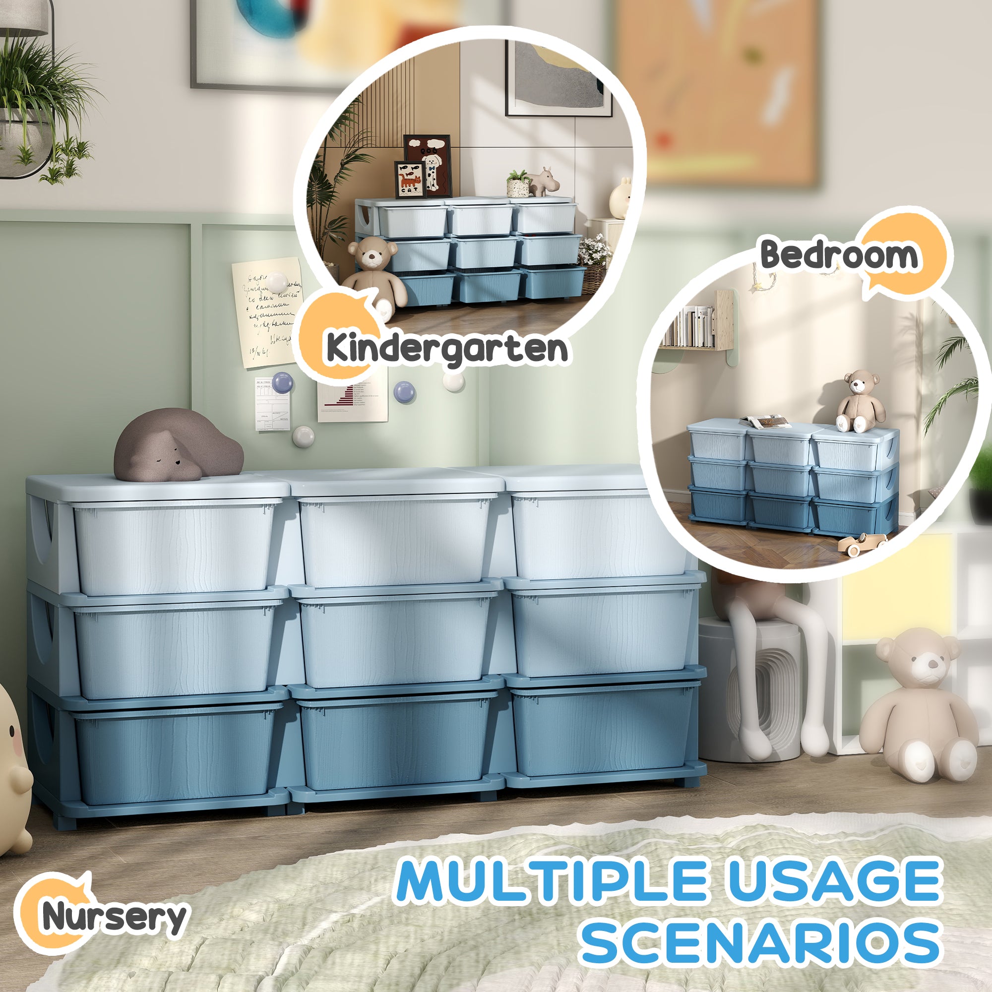 Qaba 3 Tier Kids Storage Unit, 9 Drawer Chest Toy Organizer Plastic Bins for Kids Bedroom Nursery Kindergarten Living Room fo