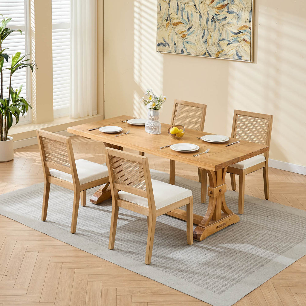 Farmhouse Rattan Dining Chairs Set of 2, Mid Century Modern Kitchen & Dining Room Chairs, Cane Upholstered Kitchen Side Chair with Natural Hardwood Frame, Beige - Grand Goldman Shop