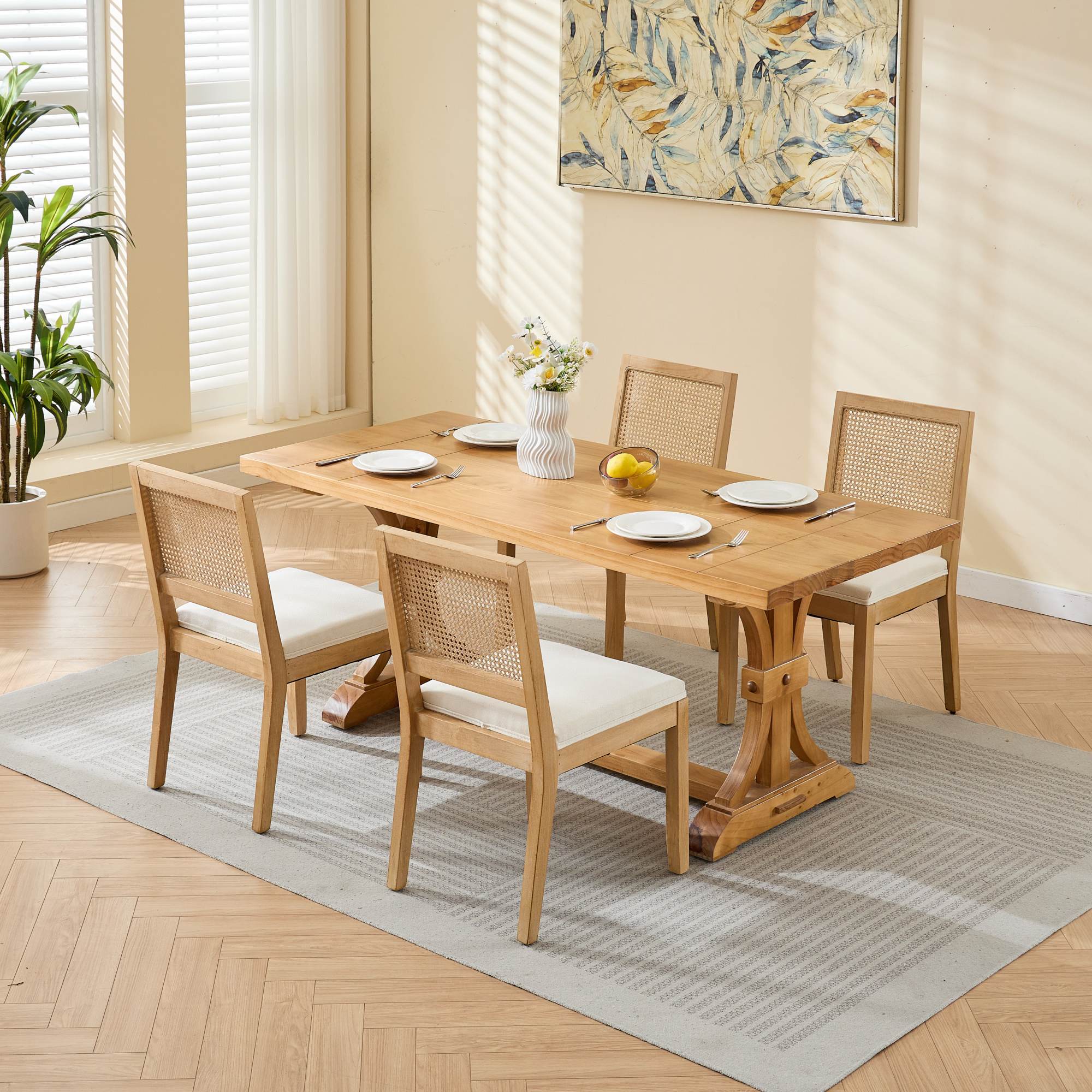 Farmhouse Rattan Dining Chairs Set of 2, Mid Century Modern Kitchen & Dining Room Chairs, Cane Upholstered Kitchen Side Chair with Natural Hardwood Frame, Beige - Grand Goldman Shop