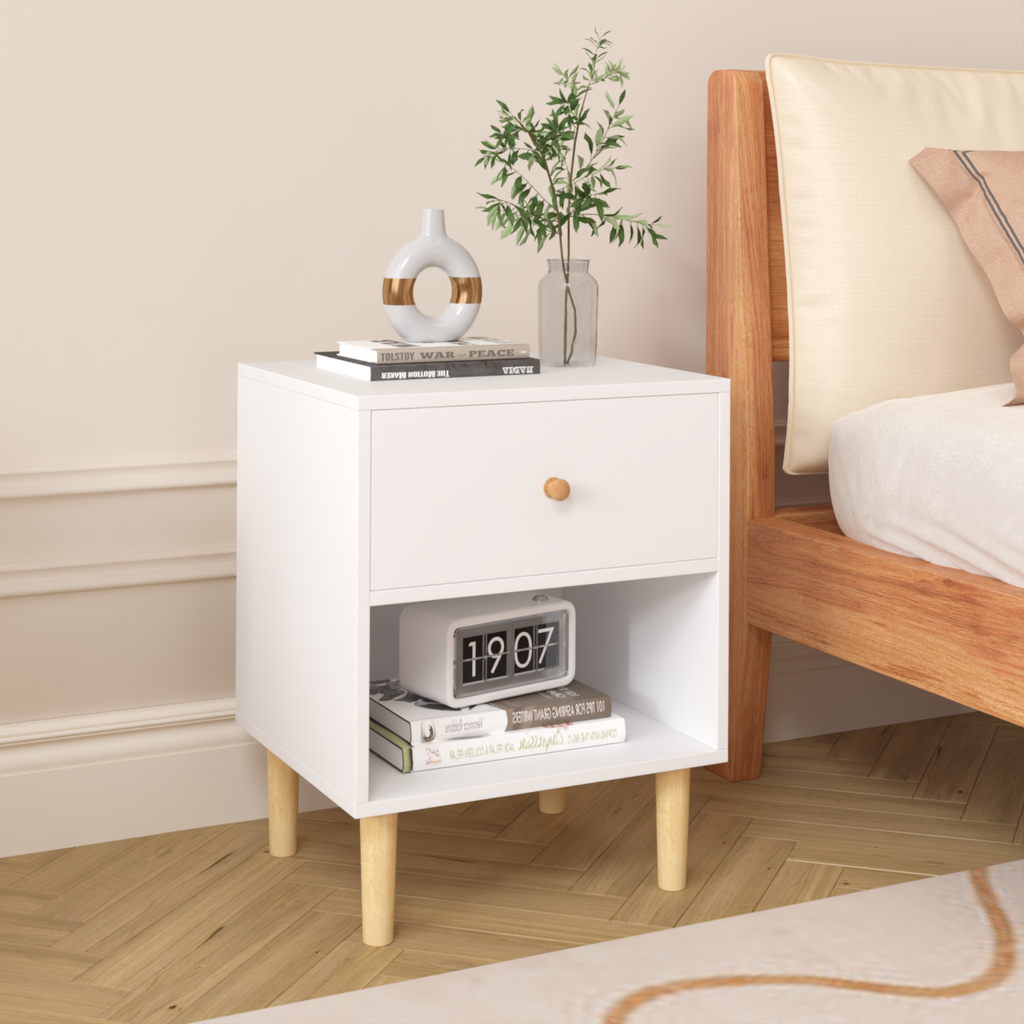 23.22''H White MDF Wooden Nightstand with One Drawer and One Shelf for Kids and Adults - Grand Goldman Shop