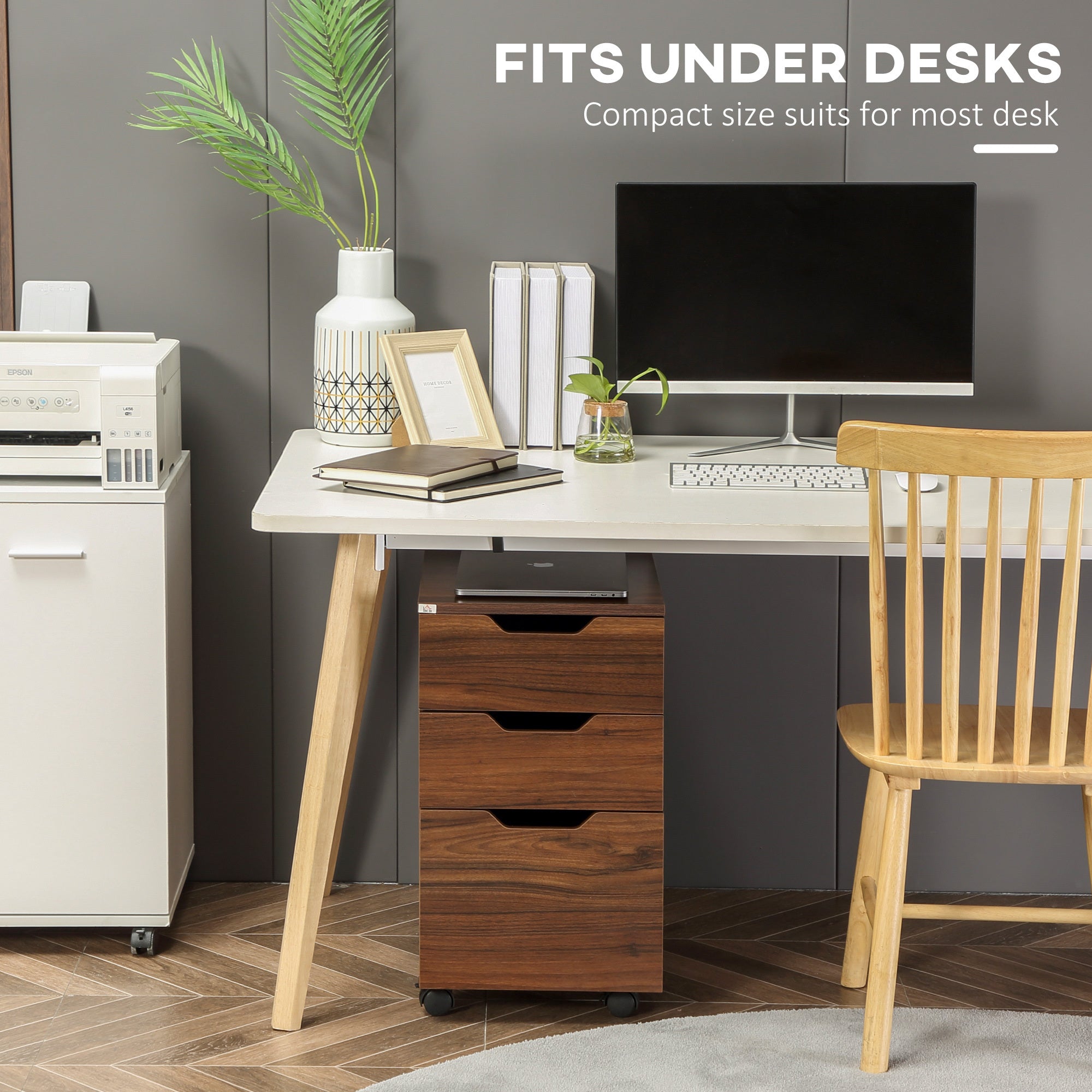 HOMCOM 3 Drawer Office Storage Cabinet, Under Desk Cabinet with Wheels, Brown Wood Grain | Premium Home Decor - Grand Goldman