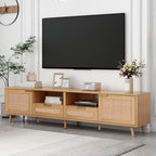 Modern Farmhouse Rattan TV Stand for TVs up to 85'', Solid Wood Legs, Media Console with MDF Board, Living Room Entertainment Center in Wood Finish - Grand Goldman Shop