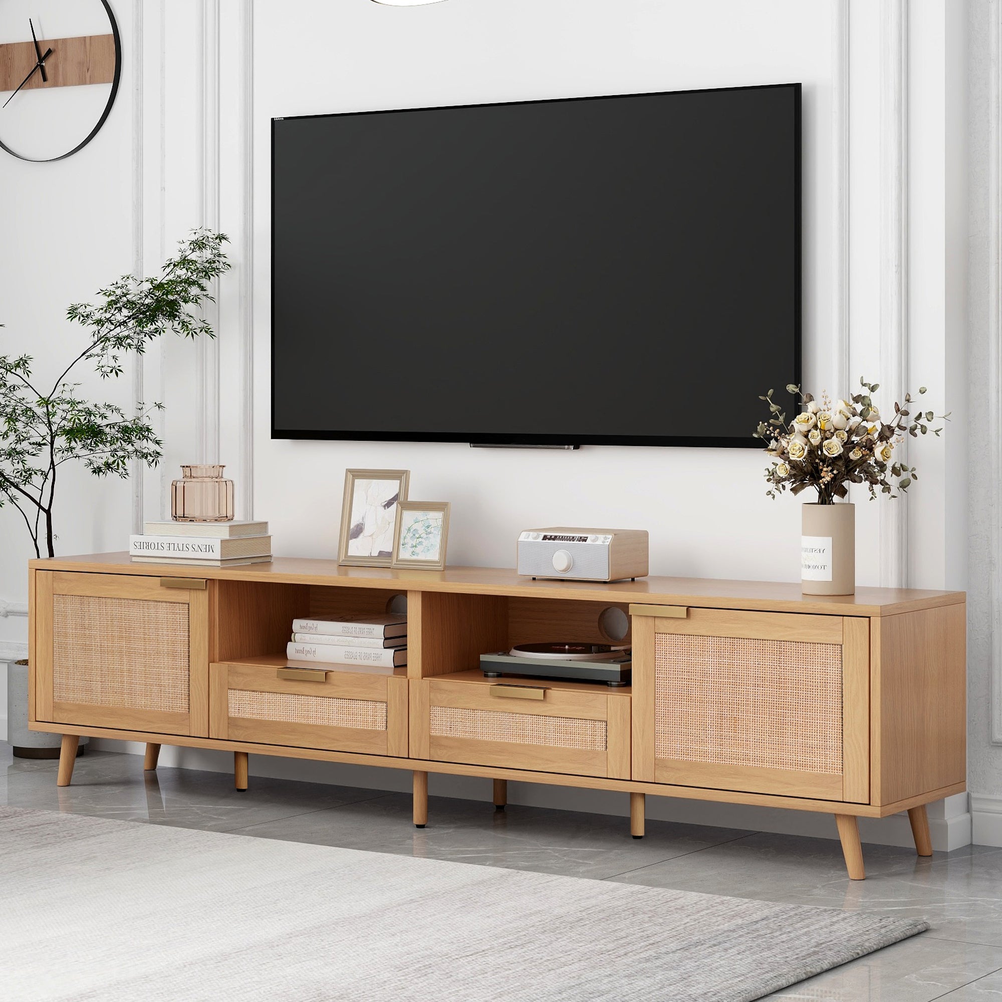 Modern Farmhouse Rattan TV Stand for TVs up to 85'', Solid Wood Legs, Media Console with MDF Board, Living Room Entertainment Center in Wood Finish - Grand Goldman Shop