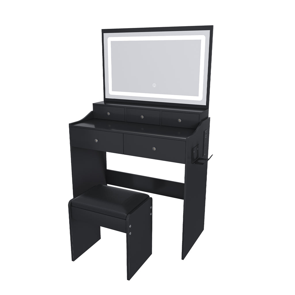 Modern Black Makeup Vanity Set with Power Outlet, Hair Dryer Holder, and Adjustable Lighting - Grand Goldman Shop