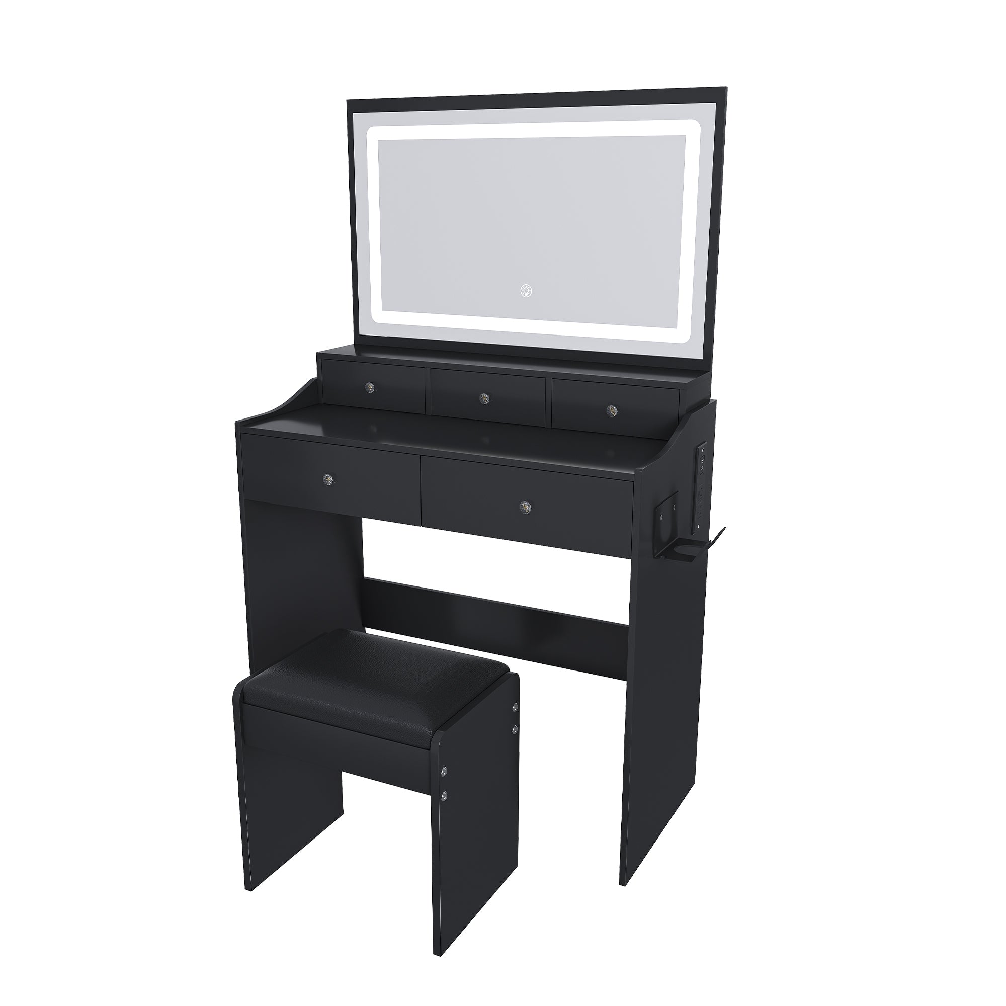 Modern Black Makeup Vanity Set with Power Outlet, Hair Dryer Holder, and Adjustable Lighting - Grand Goldman Shop