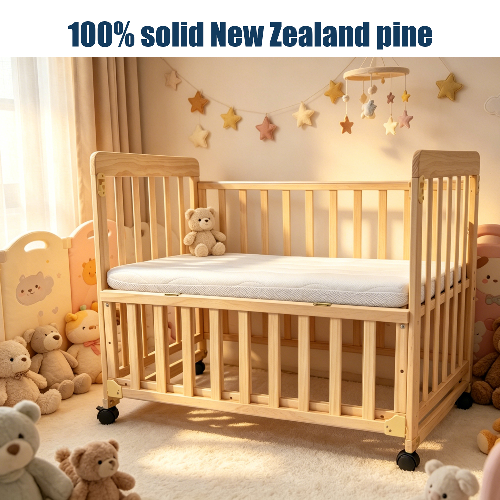 Portable Pine Wood Bedside Bassinet with 3 Adjustable Heights, Natural Wood Mini Crib for Newborns 0-36 Months, Compact Desig
