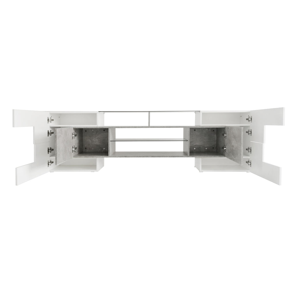 ON-TREND Unique Shape TV Stand with 2 Illuminated Glass Shelves, High Gloss Entertainment Center for TVs Up to 88', Versatile TV Cabinet with LED Color Changing Lights for Living Room, Grey - Grand Goldman Shop