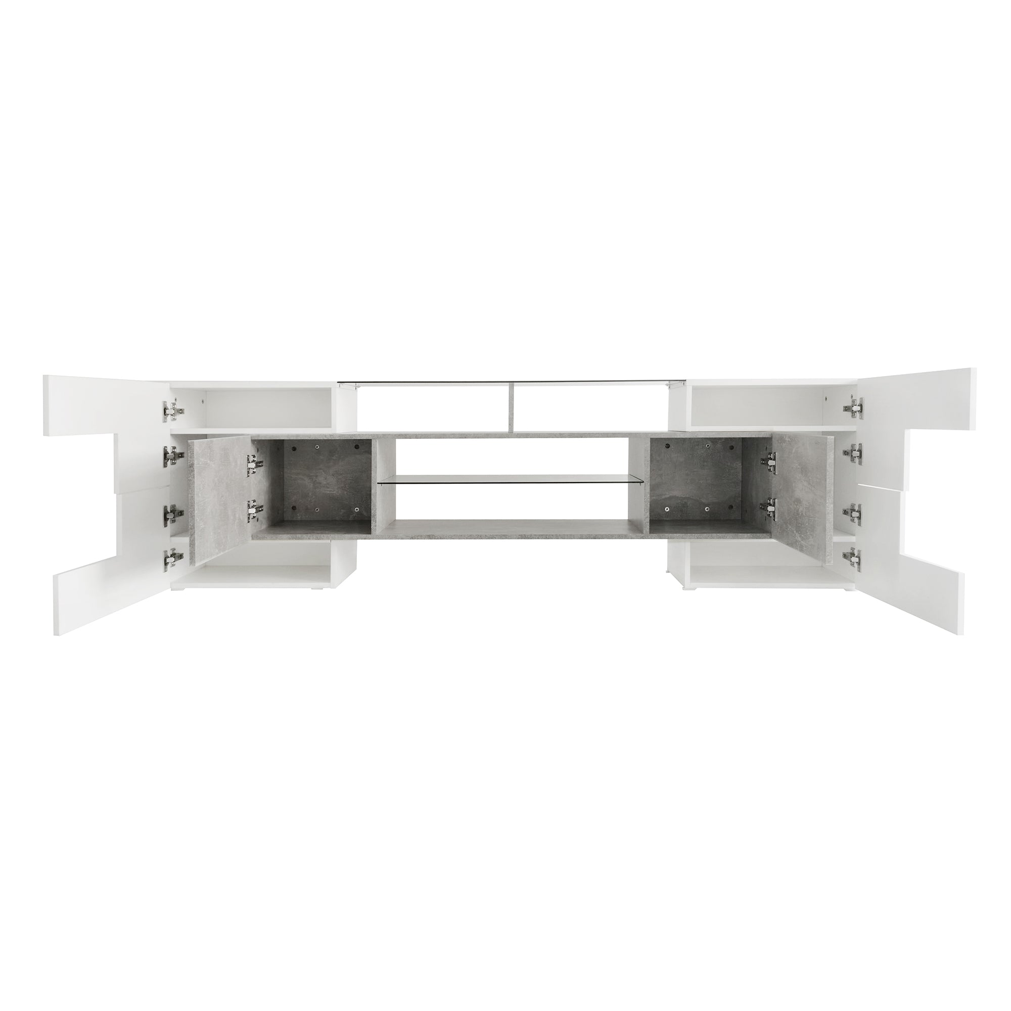ON-TREND Unique Shape TV Stand with 2 Illuminated Glass Shelves, High Gloss Entertainment Center for TVs Up to 88', Versatile TV Cabinet with LED Color Changing Lights for Living Room, Grey - Grand Goldman Shop