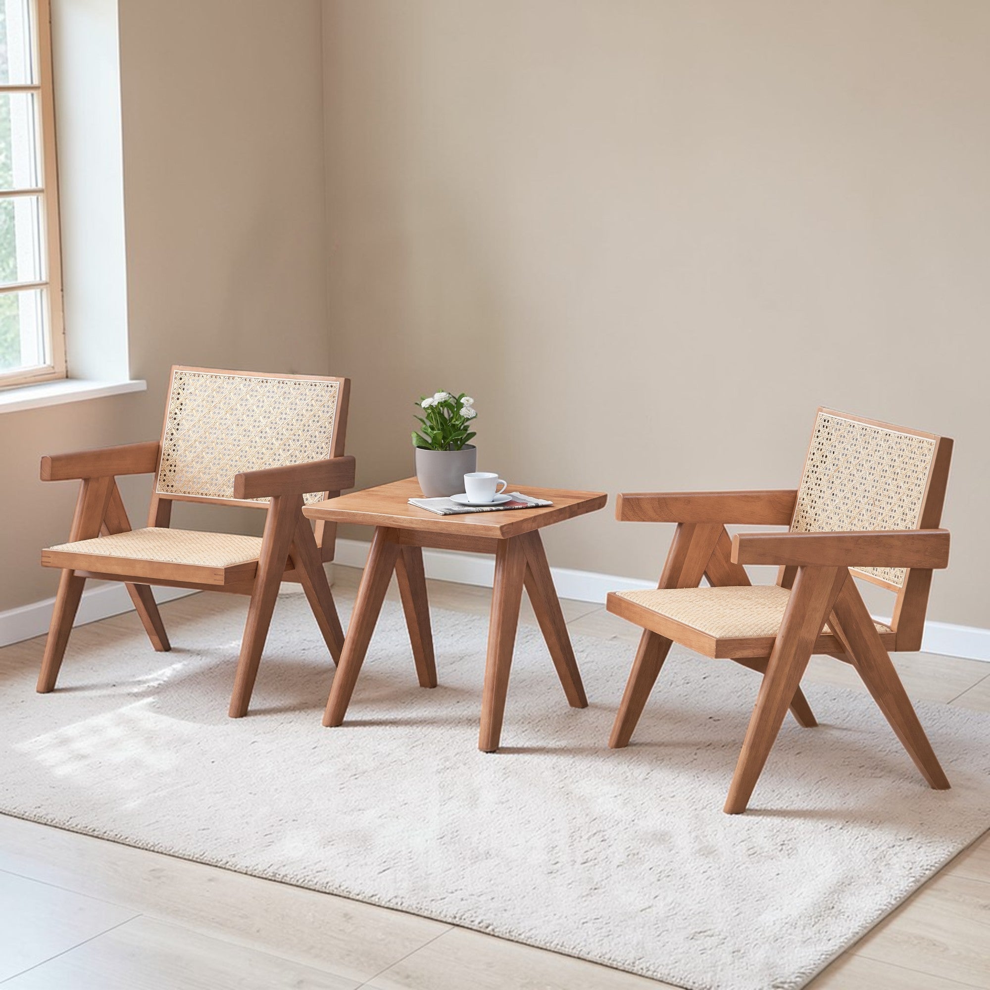 3-Piece Solid Wood Accent Chair Set and Matching End Table for Living Room or Balcony - Grand Goldman Shop
