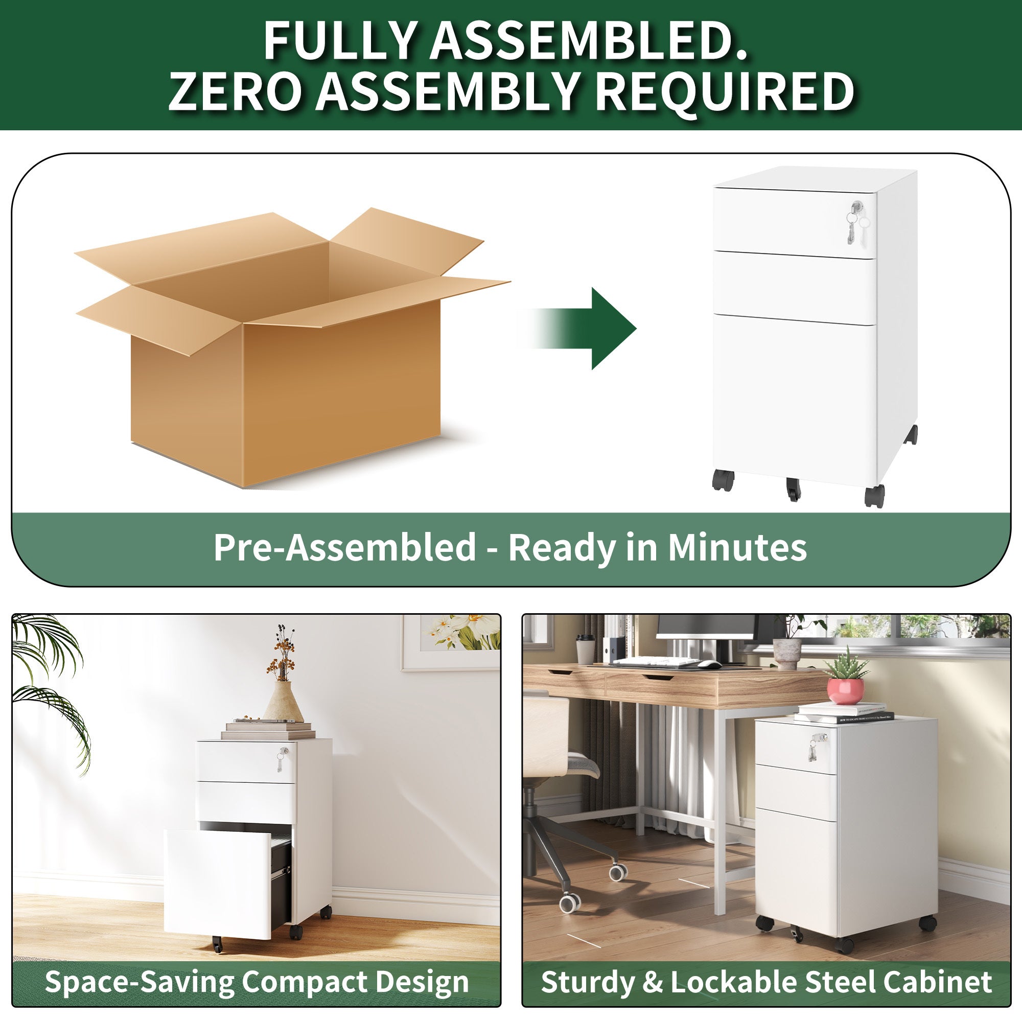 3-Drawer Mobile File Cabinet with Lock, All-Steel Metal Storage on Wheels, Two Shallow & One Deep Drawer for Office/Home, Ful