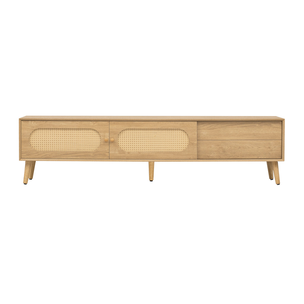 Boho TV Stand for TVs up to 80'', Modern Farmhouse Media Console with Solid Wood Legs, Natural Wood Finish, MDF Cabinet, 70.8''L x 15.7''W x 17.7''H - Grand Goldman Shop