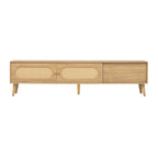 Boho TV Stand for TVs up to 80'', Modern Farmhouse Media Console with Solid Wood Legs, Natural Wood Finish, MDF Cabinet, 70.8''L x 15.7''W x 17.7''H - Grand Goldman Shop
