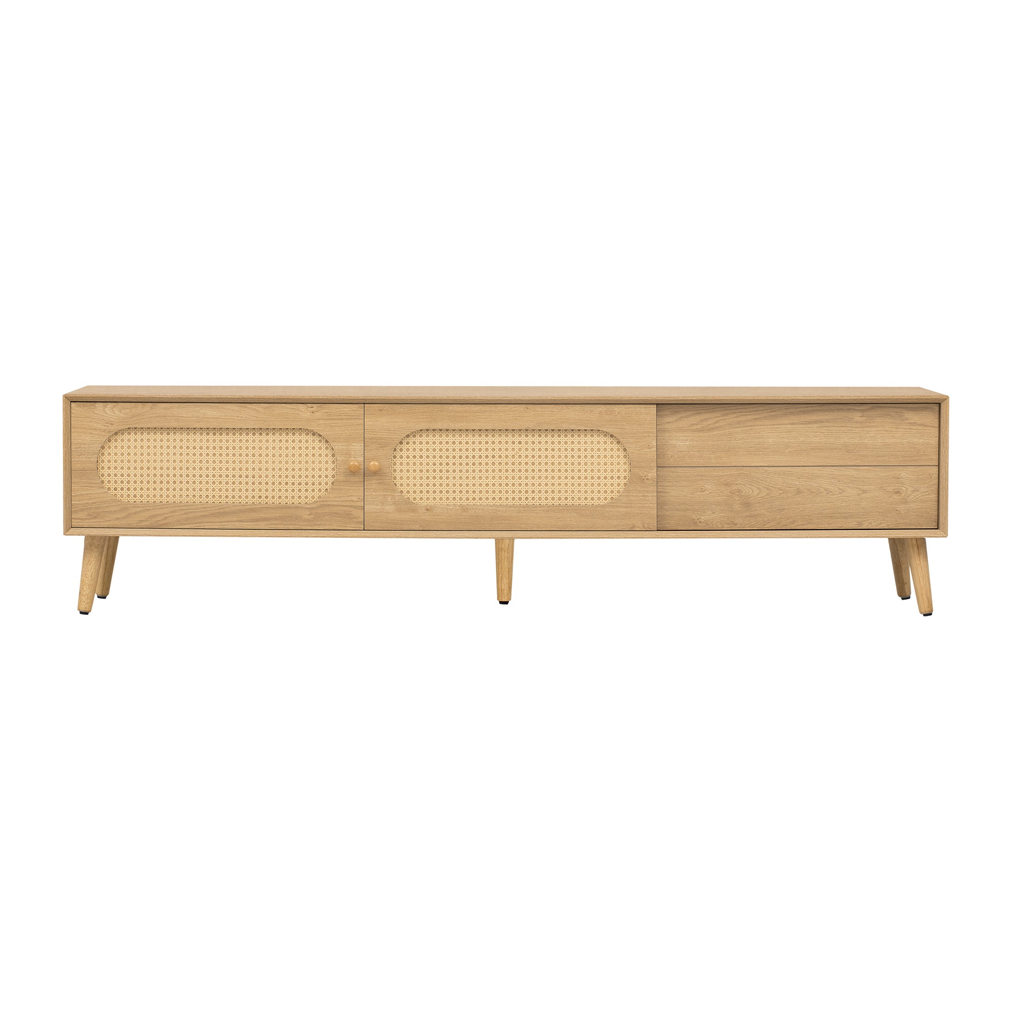 Boho TV Stand for TVs up to 80'', Modern Farmhouse Media Console with Solid Wood Legs, Natural Wood Finish, MDF Cabinet, 70.8''L x 15.7''W x 17.7''H - Grand Goldman Shop